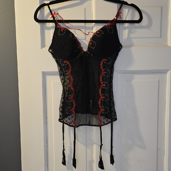 La Perla Other - Occhi Verdi By La Perla Vintage Black Lace Bustier with Red Floral Embroidery